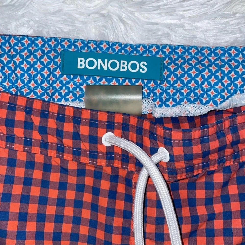 BONOBOS Mens Red & Navy Blue Plaid Check Swim Shorts Trunks
